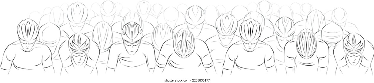 Vector illustration showing twelve cyclists in top-down view, each wearing different bicycle helmets. Clean white line art on black background. Concept of helmet variety and cyclist positioning during