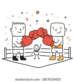 A vector illustration showing two cartoon boxers wearing red boxing gloves in a ring with a small referee standing between them