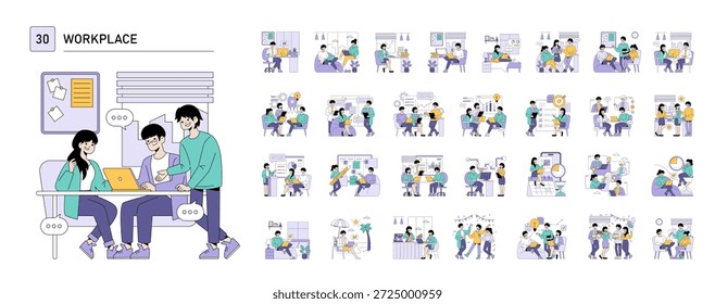 Ilustración vectorial que muestra a dos colegas trabajando juntos en un escritorio con una computadora portátil. La atmósfera colaborativa se destaca por su conversación y trabajo en equipo.
