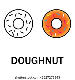 Vector illustration showing two doughnuts, one brightly colored with sprinkles and the other in monochrome outline format, perfect for food-related designs and creative projects.