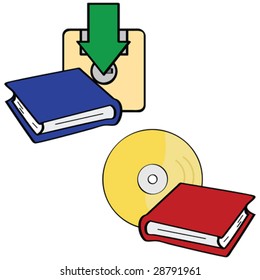Vector illustration showing two forms of e-books: download and CD