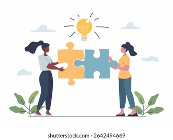 Vector illustration showing two individuals collaborating with puzzle pieces while a light bulb symbolizes ideas.