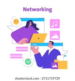 Vector illustration showing two individuals engaging in online networking. The image includes digital communication elements like icons and messages, representing modern digital interactions.