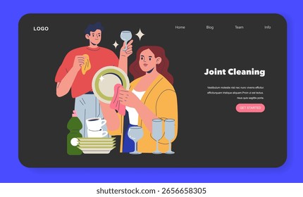 Vector illustration showing two people collaboratively washing dishes. They smile while holding plates and glasses, surrounded by cleaning supplies. The scene conveys teamwork and household chores.