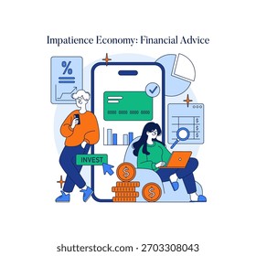 Ilustração vetorial mostrando duas pessoas envolvidas no planejamento financeiro usando um dispositivo digital. A cena inclui ícones de dinheiro e gráficos de investimento, destacando a estratégia financeira.