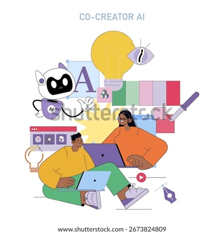 Vector illustration showing two people collaborating creatively with the help of an AI assistant. They work on laptops surrounded by design elements, symbolizing ideas and teamwork.