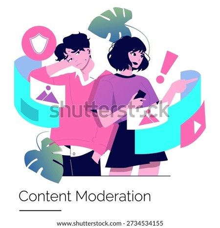 Vector illustration showing two people engaged in content moderation. One appears thoughtful while the other is actively pointing out content. Elements include symbols and colorful graphics.