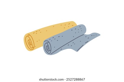 Uma ilustração vetorial mostrando dois rolos de tecido amarelo e azul em um fundo branco. Ideal para uso em moda, indústria têxtil ou oficinas artesanais.