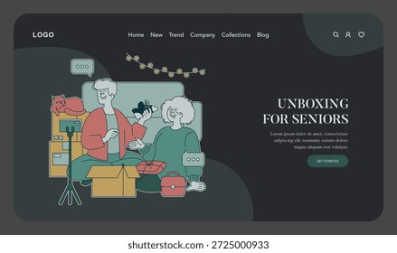 Vector illustration showing two seniors excitedly unboxing a package and filming the experience with a smartphone. A relaxed cat and playful thought bubbles add charm to the moment.