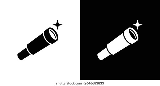 Ilustração vetorial mostrando dois telescópios apontando para estrelas contra fundos pretos e brancos contrastantes, em um estilo simples e icônico adequado para projetos de design.