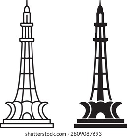 A vector illustration showing two versions of the Minar-e-Pakistan monument, one as an outline and one as a solid black silhouette.