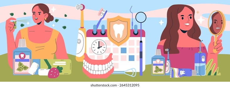 Vector illustration showing two women engaged in their daily dental care routine. Includes brushing teeth, using mouthwash, and checking their smiles in a mirror. Emphasizes oral hygiene.