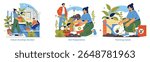 Vector illustration showing urban rooftop gardening activities. Individuals are engaged in preparing soil and planting seeds in pots. The scene highlights sustainable city living and gardening.