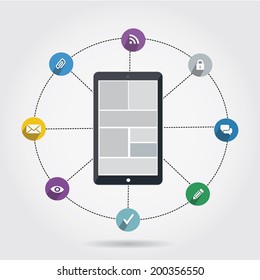 Vector illustration showing the use of cloud computing storage and applications on a mobile phone with a set of colorful icons on web buttons above a mobile device