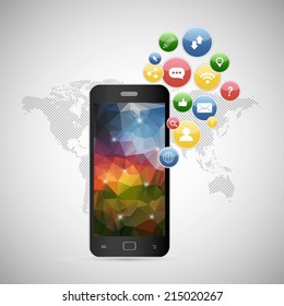 Vector illustration showing the use of cloud computing storage and applications on a mobile phone with polygonal background