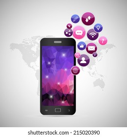 Vector illustration showing the use of cloud computing storage and applications on a mobile phone with polygonal background