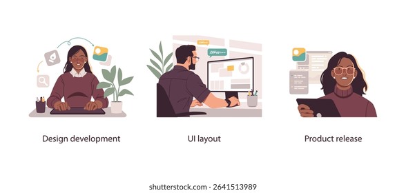 Vector illustration showing user interface design, digital product development, and final release phase in a tech or creative workflow.