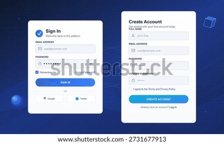 A vector illustration showing a user interface for account sign-in and registration. The design features two sections for inputting email and password details.