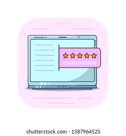 Vector illustration showing user rating on laptop screen.  Concept flat design with customer rating on a white background.