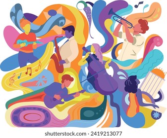 Ilustración vectorial que muestra a varios músicos tocando diferentes instrumentos. El fondo se compone de formas fluidas y orgánicas de diferentes colores que crean un ambiente animado y enérgico.