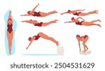 Vector Illustration Showing Various Stages Of Female Swimmer Diving Into The Water. Swimmer Is Depicted In Multiple Poses, Wearing A Swimsuit, Swim Cap, And Goggles. Sports, And Fitness Conceptual Set