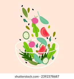 A vector illustration showing vegetables falling onto a plate from above. Deep plate with various healthy vegetables. Healthy and conscious nutrition.