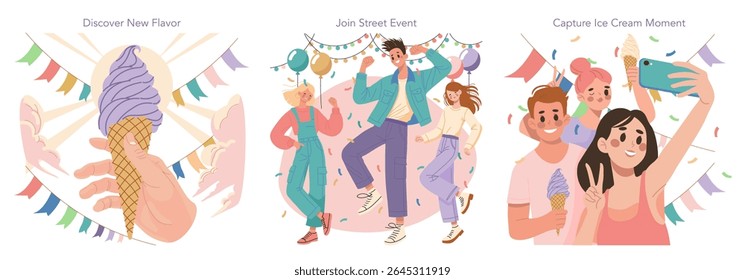 Vector illustration showing a vibrant street event with joyful people enjoying ice cream and capturing memories with selfies. Colorful decorations enhance the festive atmosphere.