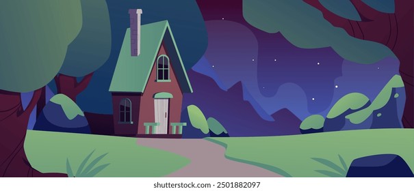 Ilustración vectorial que muestra una casa de pueblo en el bosque nocturno. Una cabaña forestal con un techo verde se encuentra entre los árboles en un estilo plano de dibujos animados. Ideal para diversos usos.