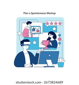 Vektorgrafik, die eine virtuelle Teamzusammenarbeit mit Personen zeigt, die Kommunikationstechnologie verwenden. Bietet ein vielfältiges Team, das mit VR und Online-Plattformen Erfolg feiert.