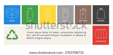 Vector illustration showing waste sorting guide with categories for paper, glass, plastic, metal, organic and general waste. Educational eco infographic promoting recycling and sustainability.
