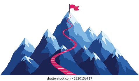 Vector illustration showing a winding red staircase path ascending a blue snow-capped mountain range towards a red flag at the highest summit peak on a white background.