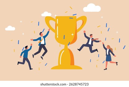 A vector illustration showing a winning business team in a gold trophy cup, symbolizing achievement and success