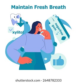 Ilustração vetorial mostrando uma mulher mascando goma sem açúcar para manter o fôlego fresco. Inclui imagens dos benefícios do xilitol, saúde dentária e uma expressão satisfeita.