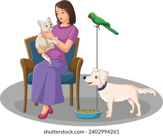 Vector illustration showing a woman having different pet animals dog, parrot and cat