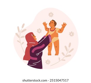Vector illustration showing a woman in hijab happily lifting her baby up. The scene shows them together against a background of flowers and leaves in flat cartoon style close-up.