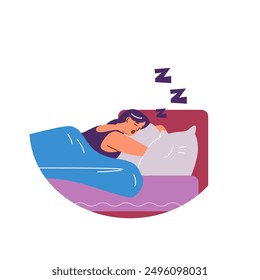 Vector illustration showing a woman sleeping in bed and snoring. The design is a flat close-up on an isolated background. Ideal for snoring and sleep apnea health stickers.