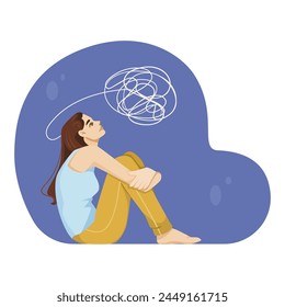 A vector illustration showing a woman with tangled thoughts, seated on a blue background, symbolizing contemplation and mental health. Vector illustration