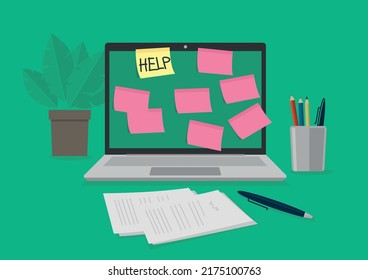 vector illustration showing a workspace with a laptop. On the screen the word help is written. Concept of depression and burnout at work
