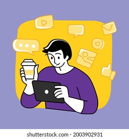 Vector illustration showing a young man busy with social media. 