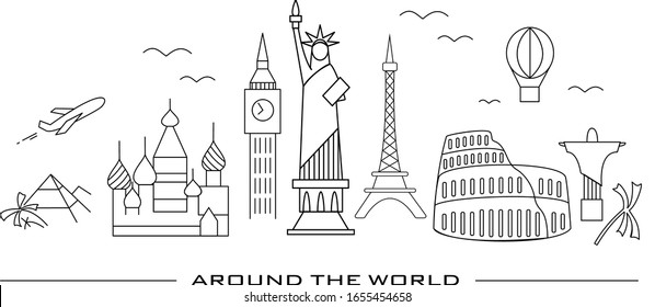 Vector illustration of showplaces of world and line art sketch for travel poster.  Around the world lettering typography poster / card / invitation / banner