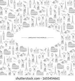 Vector illustration of showplaces of world and line art sketch for travel poster.  Around the world lettering typography poster / card / invitation / banner