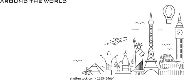 Vector illustration of showplaces of world and line art sketch for travel poster.  Around the world lettering typography poster / card / invitation / banner