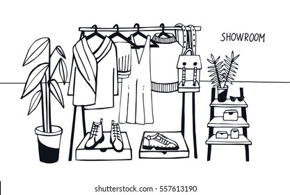 Vector illustration showroom. Coat rack with clothes, bags, boxes and shoes, fashion, modern style. 