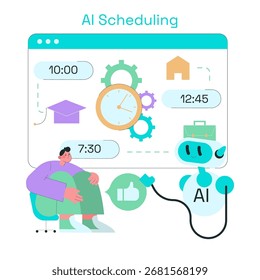 Vector illustration shows an AI scheduling system with a robot assisting a person. Elements include clocks, gears, and icons representing different tasks, with a focus on efficiency and technology.