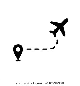 A vector illustration shows an airplane taking off from a location pin. The design emphasizes travel, connectivity, and exploration with a clear flight path leading to a destination.