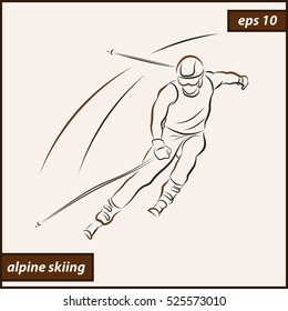 Vector illustration. Illustration shows a Alpine skier skiing downhill. Winter sport