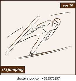 Vector illustration. Illustration shows a athlete performs a jump from a springboard to ski. Ski jumping. Winter sport