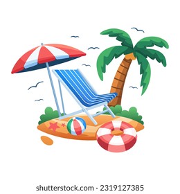 Vector illustration shows beach umbrellas and chairs on the seashore.
Summer holiday concept illustration.
Suitable for postcard, banner, web, landing page, animation, etc