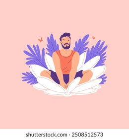 Vector illustration shows a bearded man meditating in a white lotus flower. The character practices a healthy lifestyle by doing meditation. Flat cartoon style on isolated pink background.