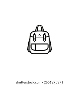 Ilustração vetorial mostra um desenho contorno preto de uma mochila estilo vintage saco com aba e bolso frontal, isolado em um fundo branco limpo para a simplicidade.